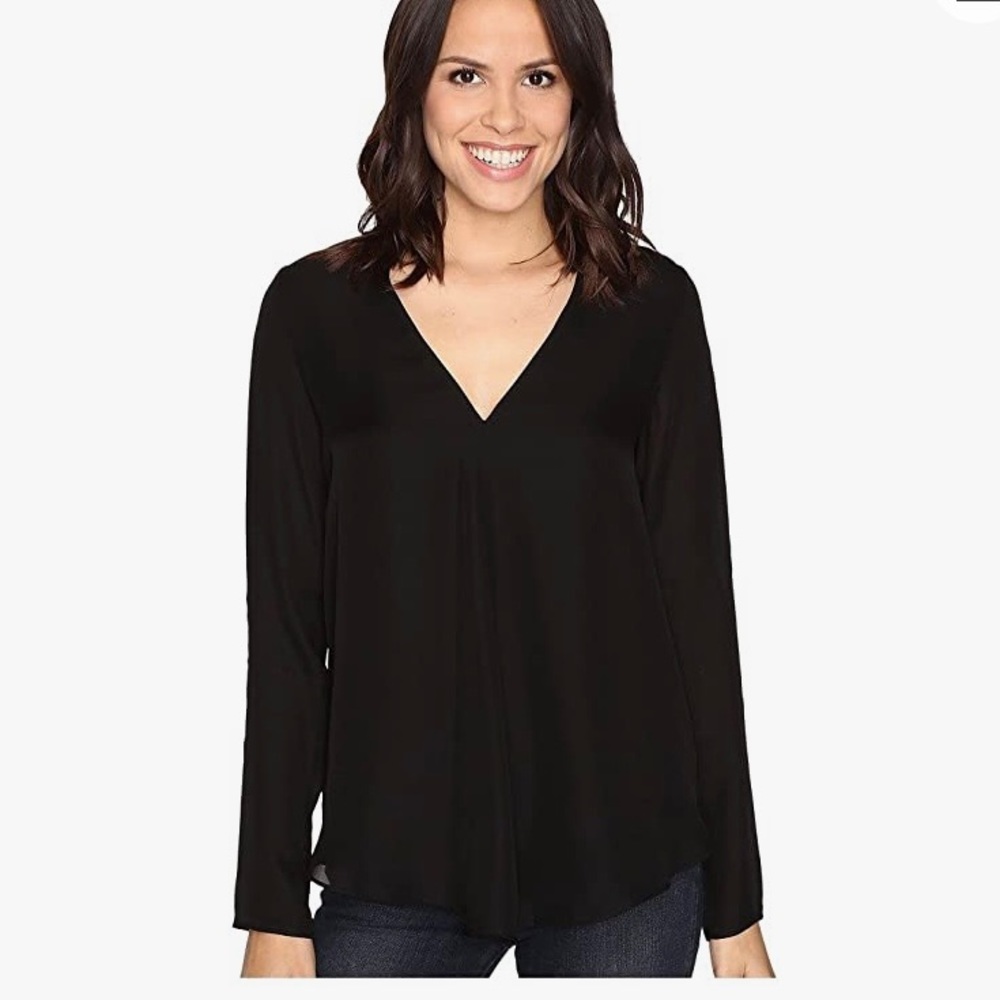 Heather Black Silk V Neck Long Sleeve Top XS NWOT